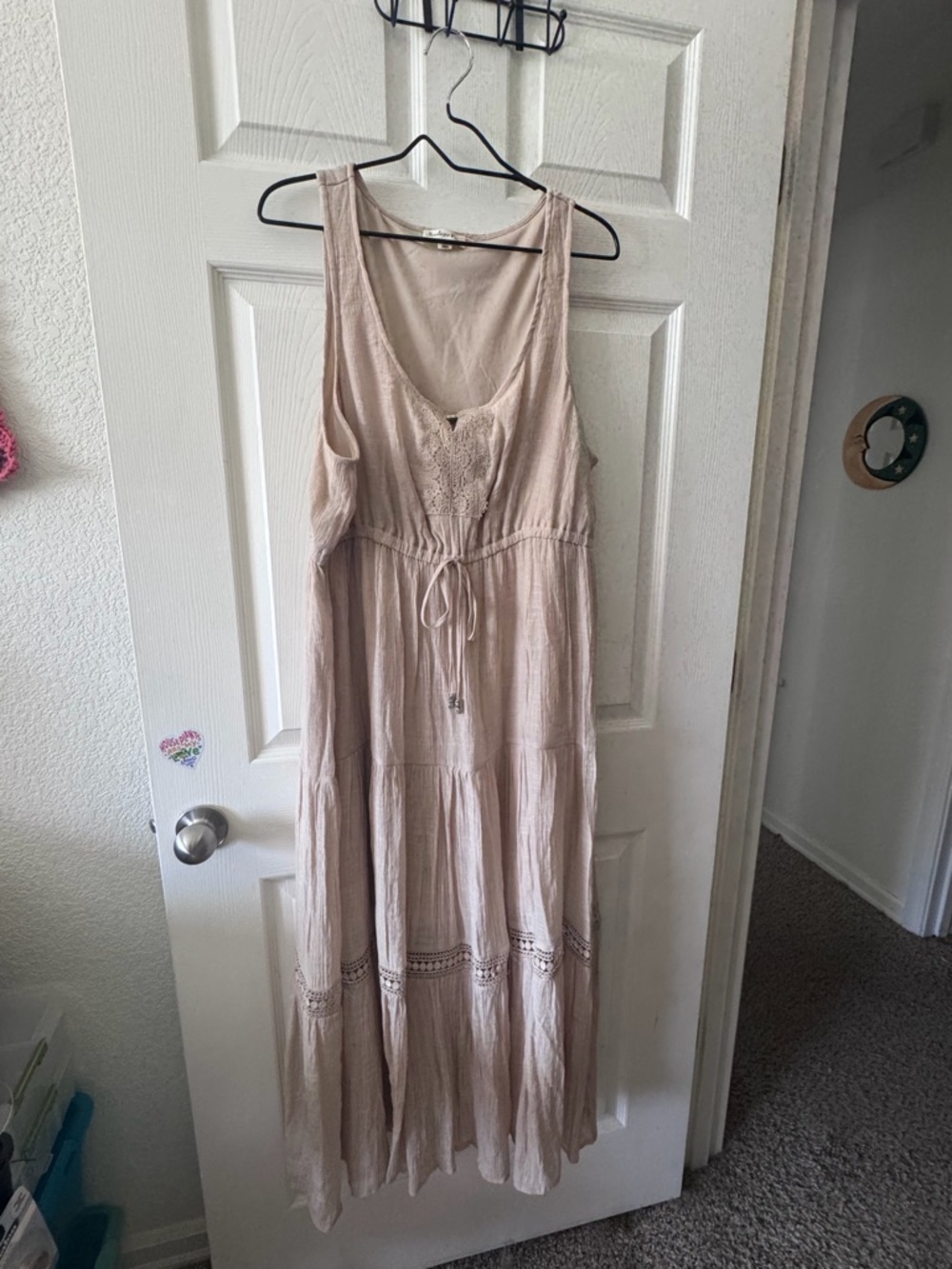 Sleeveless Light Beige Tiered Maxi Dress with Drawstring Waist